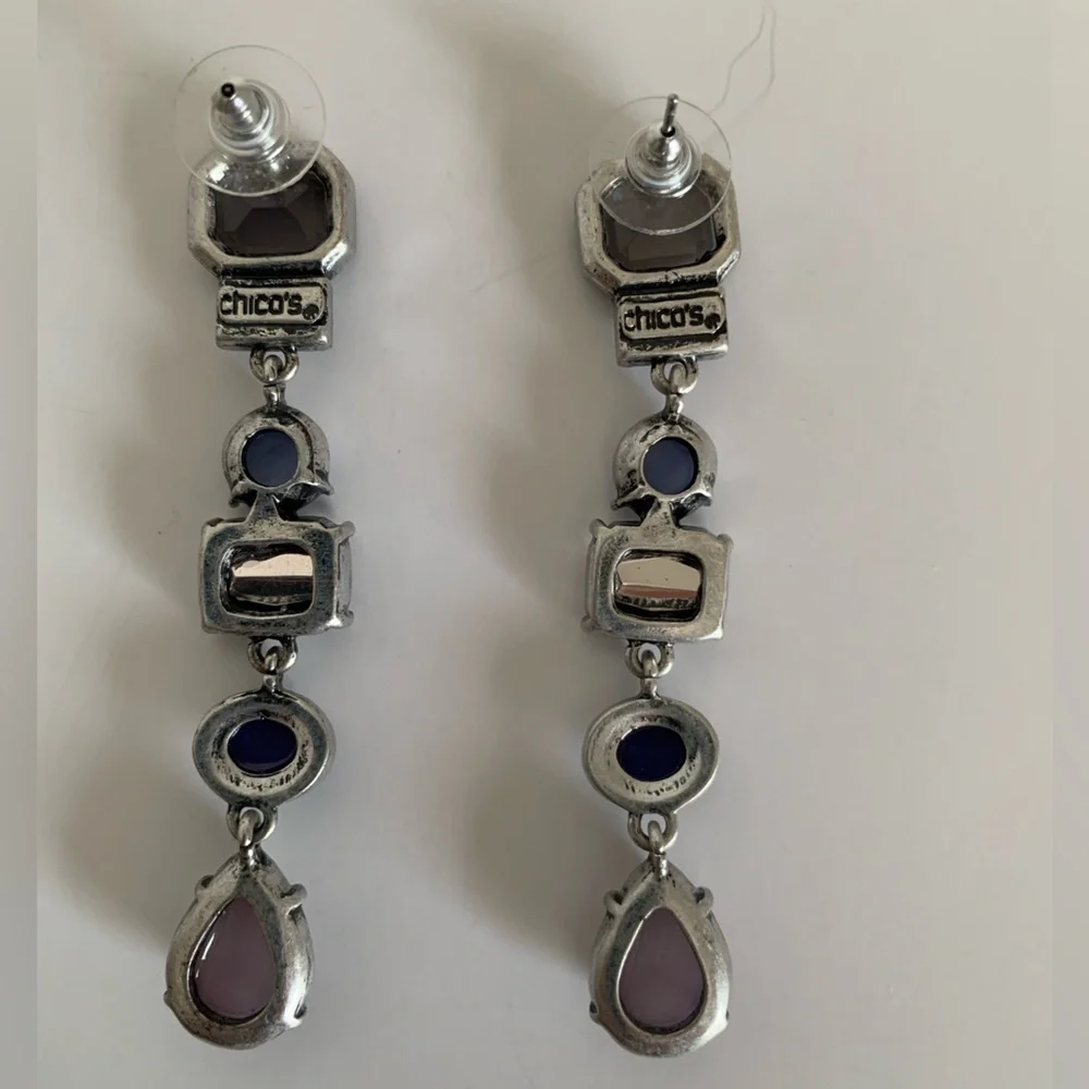 Chico's Earrings Dangle Silver Blue Jeweled Tones Clear Rhinestone - Picture 5 of 7